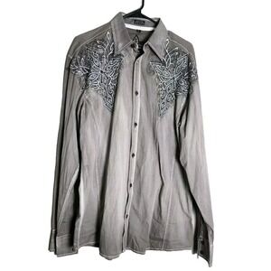 ROAR Button Down Dress Shirt Size Large Gray Embroidered Long Sleeve